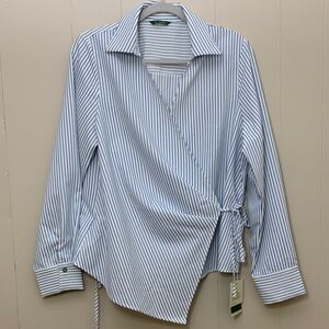 HALARA Blue-Striped White Wrap Blouse